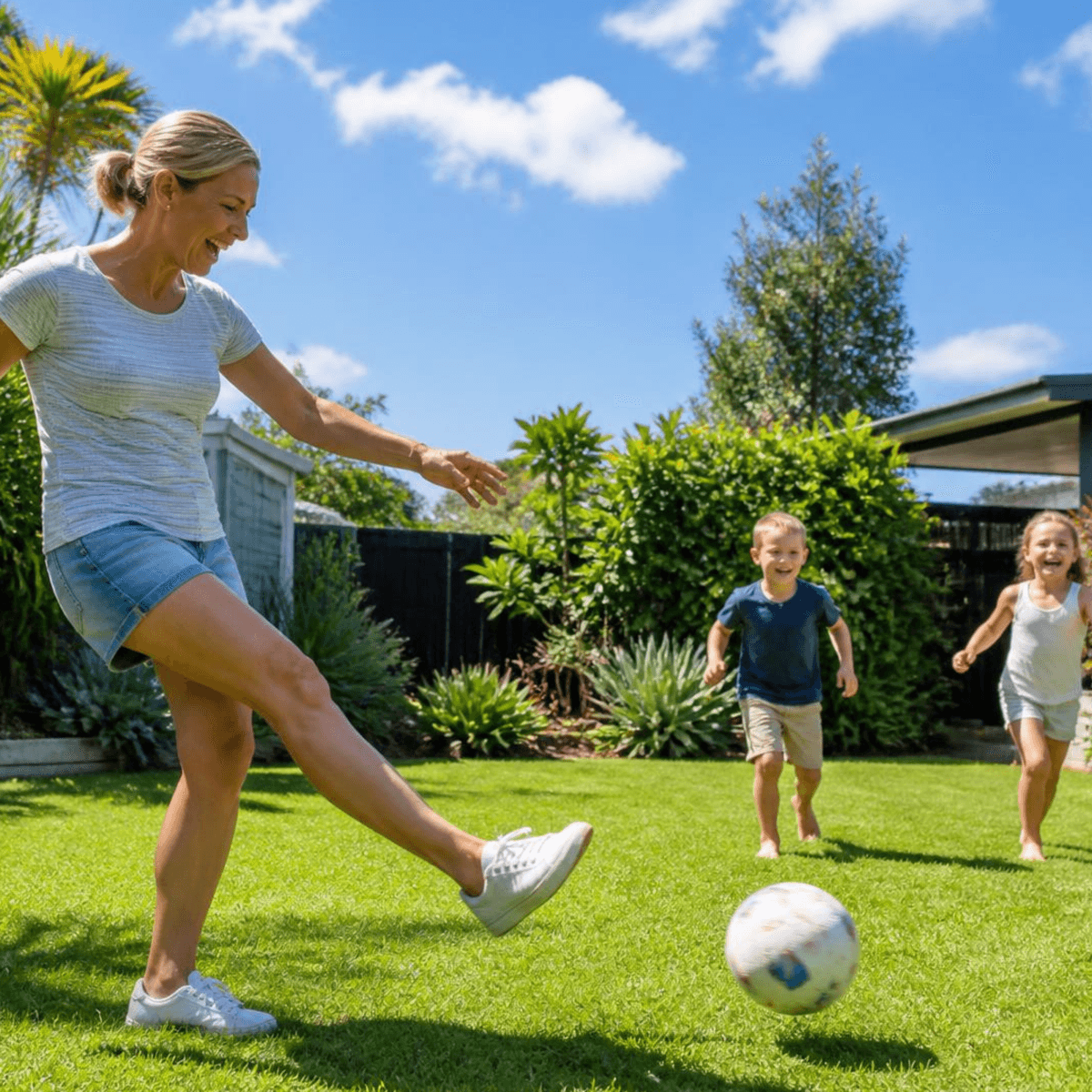 Woman playing soccer with her kids, staying active through menopause