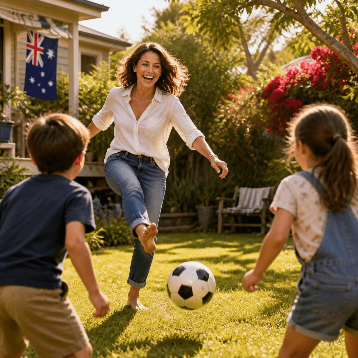 Woman playing soccer with her kids, staying active through menopause