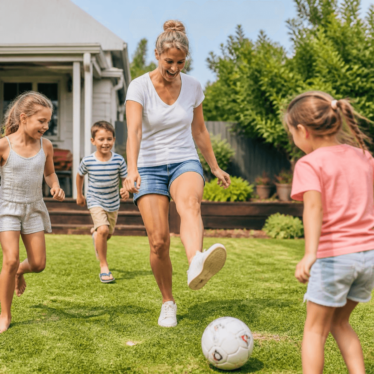 Woman playing soccer with her kids, staying active through menopause